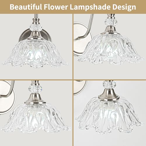 1 Piece Brushed Nickel Wall Sconce with Flower Shade | Brushed Nickel Wall Sconce,Flower Glass Shade,E26 Base,for Bathroom,Living Room,Bedroom - color: Nickel, size: 1-Light
