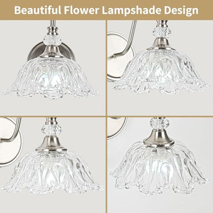 1 Piece Brushed Nickel Wall Sconce with Flower Shade | Brushed Nickel Wall Sconce,Flower Glass Shade,E26 Base,for Bathroom,Living Room,Bedroom - color: Nickel, size: 1-Light