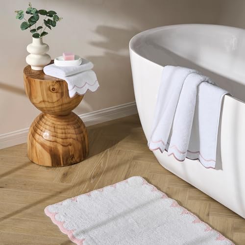 Peri Home 2 Piece Cotton Bath Towel Set, Embroidered, White, Blush Scallop - color: White With Blush Scallop, size: 2 Bath Towel