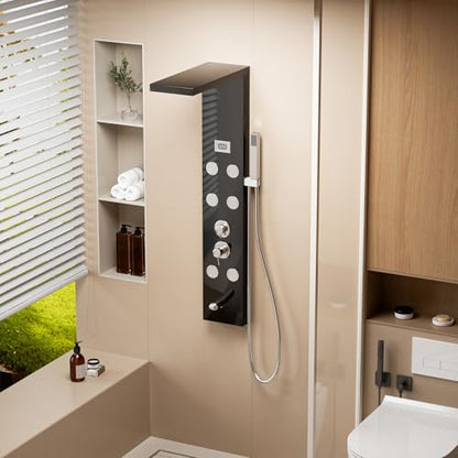 Shower Panels System with Adjustable Rainfall Shower Head and 6 Body Massage Jets, Easy Temperature Control Anti-limescale Bath Screen Shower Head Set Gentle and Rain-Like Spray Handheld Sh