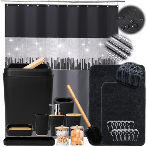 XLHOMO Bathroom Sets with Shower Curtain and Rugs,24PCS Black Bathroom Set Shower Curtain Set with Bathroom Trash Can Bathroom Accessories - size: Bath Set+Shower Curtain+Bath Rugs, style: Black