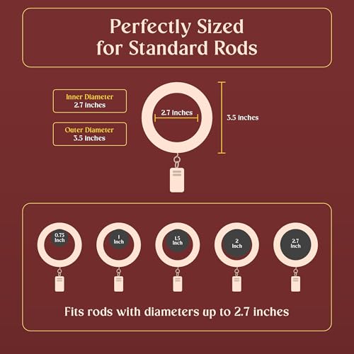 Handcrafted Rosewood Shower Curtain Rings with Clips – 3.5" Outer, 2.7" Inner Diameter – Smooth Wooden Rings with Metal Clips for Shower Curtains and Bathroom Drapes – Pack of 24 - size: 2.7" Inner Diameter