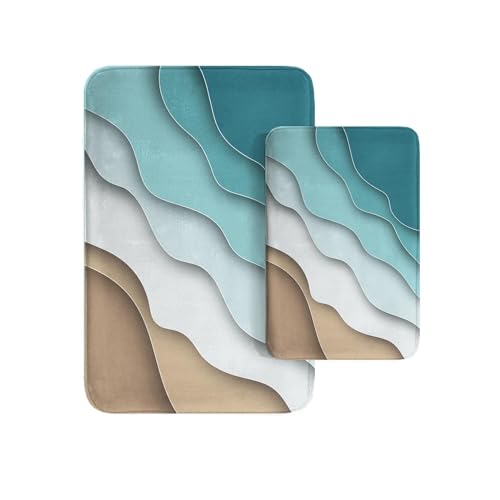 Britimes Blue Abstract Beach Bathroom Rug Mat Set of 2, Modern Art Washable Cover Floor Rug Carpets Floor Bath Mat Bathroom Decorations 16x24 and 20x32 Inches - color: Beach 1