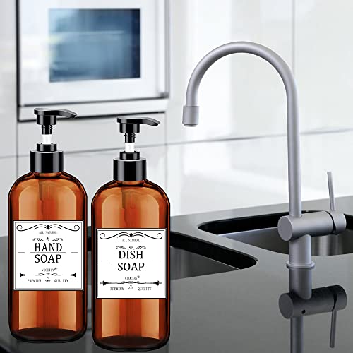 Soap Dispenser with Rust Proof Pump, Waterproof Labels (2 Pack,16 Oz) Bathroom, Plastic Hand Dish Soap Dispenser for Kitchen, Premium Thick Soap Pump Bottles (Amber) - color: Amber
