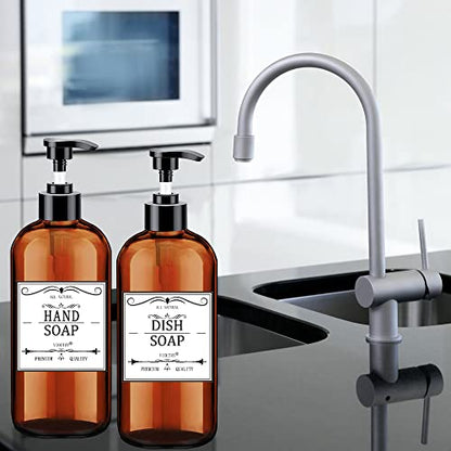 Soap Dispenser with Rust Proof Pump, Waterproof Labels (2 Pack,16 Oz) Bathroom, Plastic Hand Dish Soap Dispenser for Kitchen, Premium Thick Soap Pump Bottles (Amber) - color: Amber