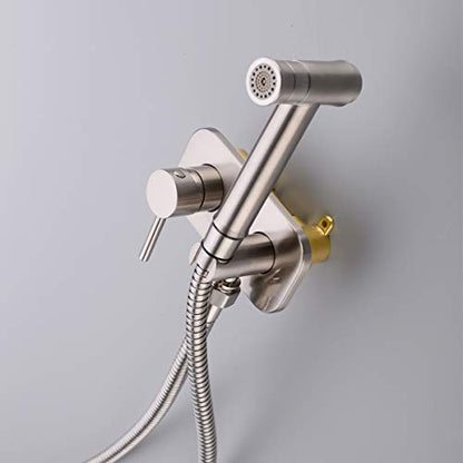 TRUSTMI Toilet Concealed Hot and Cold Bidet Spray Set,Brushed Nickel | Brass Rough-In Wall Mount,Thumb-Free Push Button Hand Held Sprayer Head, 2 Function - color: Brushed Nickel