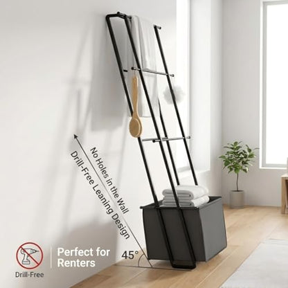 2-in-1 Leaning Blanket Ladder with Storage Basket, Matte Black Metal Towel Rack Stand, Drill-Free Space Saving Organizer for Bathroom & Bedroom Throws, 63" - color: Black With Bag