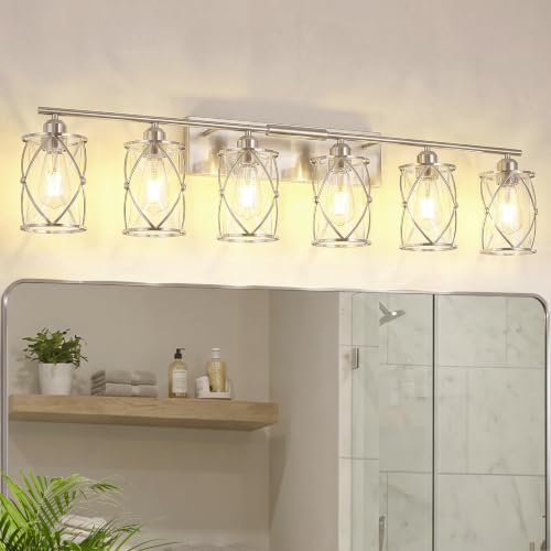 6-Light Brushed Nickel Bathroom Light Fixtures Over Mirror, 42" UL-Listed Modern Wall Sconce Lights with Clear Glass and Metal Cage for Bath, Hardwire E26, CH9176BN-6W - color: Nickel + Clear Glass, size: 6-Light, 42" L
