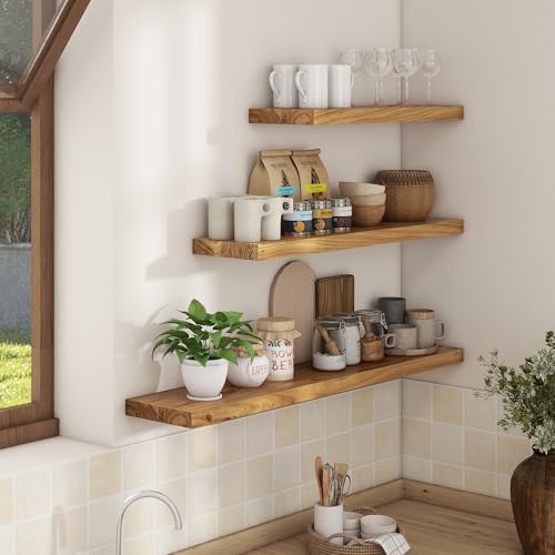 Floating Shelves for Wall, 48in Reclaimed Elm Wood Shelves, Natural | 8" Deep Wall Shelf, Invisible Bracket, Large Long Wall Shelves, Living Room, Bedroom, Kitchen, Bathroom - color: Natural Flat Edge, size: 48 inches - 1P