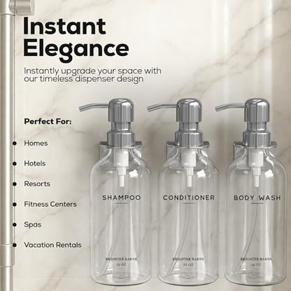 Clear Shampoo and Conditioner Dispenser Set Wall Mounted by Brighter Barns - Wall Mounted Shower Shampoo Dispenser for Shower Wall - Refillable Shower Soap Bottles 3 Chamber No Drill (Clear/Silver) - color: Modern (Clear Silver)