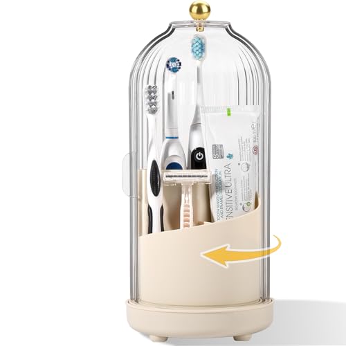 Toothbrush Holders with Cover Toothpaste Organizer for Bathroom, Beige | 360° Rotating, Dustproof Sliding Lid, Drainage Holes, Waterproof, for Kids Electric Toothbrush Makeup Brush Storage - color: Beige