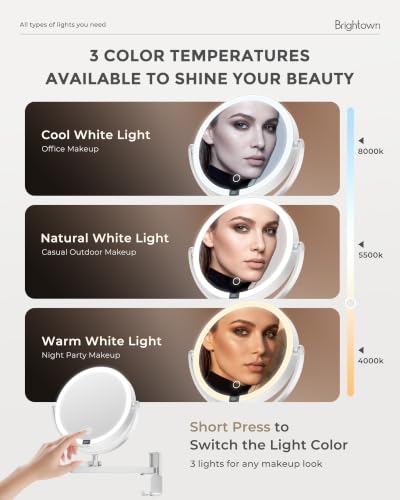 Brightown 8" Wall Mounted Lighted Makeup Mirror with LED Magnifying 1X/10X | 4000mAh Rechargeable Double Sided Dimmable Vanity Mirror, Extended Arm 360 Rotation, 3 Color Lights & Digital Display, Silver - color: Sliver