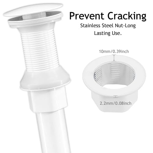 Bathroom Sink Drain,2 Pack White Drain Stopper Bathroom Sink Without Overflow,Pop Up Drain Assembly with Detachable Strainer Basket,Built-in Anti-Clogging, Stainless Steel Nut - color: 2 Pack-white-big Cap, style: Without Overflow