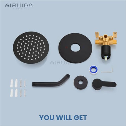 Airuida Shower Faucet Set,6 Inch Matte Black Shower Trim Kit | Round Rainfall Shower Head,Single Handle,Male Threads Rough-in Valve,Wall Mount Bathroom System - color: Black, size: 6 Inch