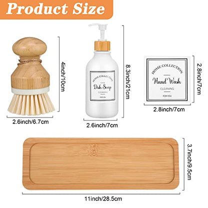 Zopeal 4 Pcs 16 oz Kitchen Soap Dispenser Set with Bamboo Tray and Dish Brush Plastic Soap Dispenser Set with Waterproof Labels for Hand Dish Lotion(Frosted White) - color: Frosted White