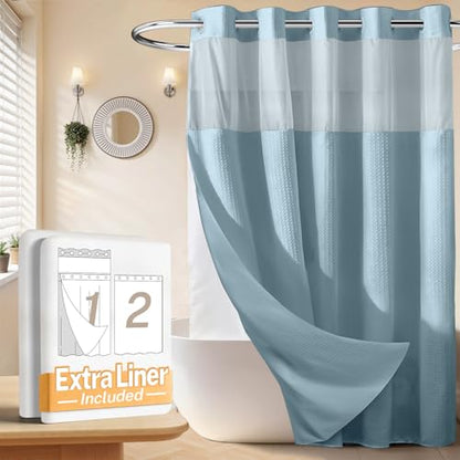 River Dream No Hooks Shower Curtain with 2 Snap in Liner, Pink, 71Wx74H | Waffle Weave, 1 Attached Snap in Liner and 1 Extra Replacement Liner, Bathroom Curtains Shower Set, Hotel Grade, Spa Like - color: Blue