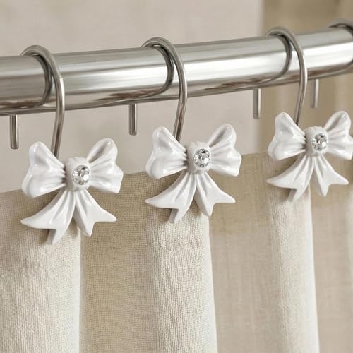White Bow Shower Curtain Hooks: Decorative Bathroom Curtain Rings, 12Pcs | Cute Rustproof Hangers for Valentine & Xmas Holiday Bathroom Decor, Chic Coquette Accessories & Housewarming Gift for Girls - color: White
