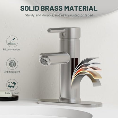 Bathroom Faucet for 1 or 3 Holes, Brushed Nickel, Brass | Single Handle Bathroom Sink Faucets, Modern Commercial Lavatory Vanity Faucet, with Deck Plate and Supply Line, Pop Up Drain - color: Brushed Nickel
