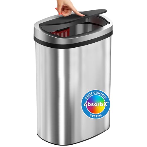 iTouchless Push-Top Lid 13 Gallon Trash Can with Odor Control System – Stainless Steel Garbage Bin, Press-Top Soft-Close Spring Lid, Fingerprint-Resistant for Kitchen, Home Office, Restroom, Business - color: Silver 13 Gal, Black Push Top Lid