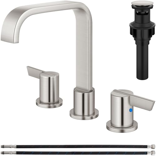 Brushed Nickel Bathroom Faucet 3 Hole 8 Inch Widespread Waterfall | 2-Handle Vanity Faucet, Pop-Up Drain, Supply Lines, Adjustable 4- to 16-Inch Widespread Fit, 360° Swivel Spout - color: Brushed Nickel