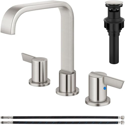 Brushed Nickel Bathroom Faucet 3 Hole 8 Inch Widespread Waterfall | 2-Handle Vanity Faucet, Pop-Up Drain, Supply Lines, Adjustable 4- to 16-Inch Widespread Fit, 360° Swivel Spout - color: Brushed Nickel