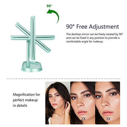 Trifold Lighted Vanity Makeup Mirror with 21 LED Lights,1x/2x/3x Magnification Touch Screen Dimming,Two Power Supplies Makeup Mirror, Gift for Women - color: Green