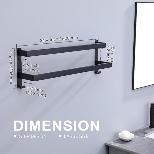 Double Towel Bar Towel Racks for Bathroom, Bath Towel Holders Wall Mount, Stainless Steel Towels Shelves Towel Rail, 2-Tiers (Matte Black, 24 Inches) - color: Matte Black, size: 24 Inches