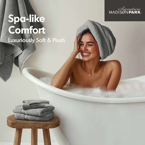 Madison Park 800GSM 100% Cotton Bathroom Bath Towel Set of 8, Grey | Long Staple, Highly Absorbent, Durable Hotel Spa Quality, Quick Dry, Double Stitched Hems, Lint Reducing, OEKO-TEX Certified - color: Grey, size: Multi-Sizes