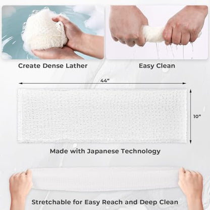 3D Wave Weave Japanese Exfoliating Washcloth, Long Exfoliating Back Scrubber for Shower, Gentle Body Scrub Towel, Korean Style, Cloud (Soft) - color: White