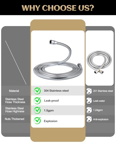 Stainless Steel Shower Hose Extra Long, 118 Inches Shower Head Hose Replacement, G1/2 Universal Brass Nut, Flexible Swivel Connection Anti-Kink, Anti-Explosion Leakproof, Chrome