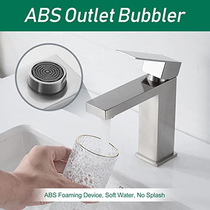 VOTON Brushed Nickel Bathroom Faucets Single Handle Modern Vanity Sink Faucet 1 Hole or 3 Hole with Deck Plate and Water Supply Hoses, Stainless Steel Bathroom Faucet Lead-Free - color: B-Brushed Nickel, style: Without Drain