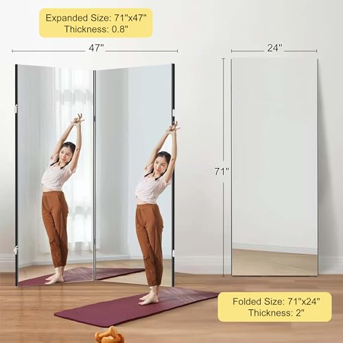 NanoMirror Space-Saving 360° Folding Full Length Mirror, 71" x 47" Ultra-Large Wall Mounted Shatterproof Foldable Design for Home Gym, Yoga, Dance, Fitness Studio, Silver
