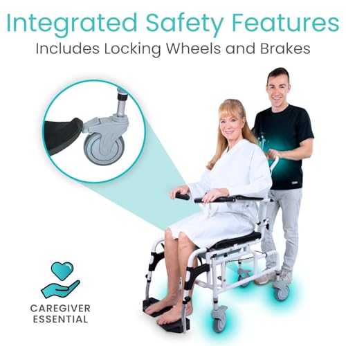 Vive Reclining Shower Chair with Wheels - Commode Wheelchair for Seniors, Disabled & Handicap - Padded Transfer Rolling Chairs w/Arms - Portable, Waterproof Shower Chair - Reclines for Easy Hair Wash | Disabled & Handicap - Padded Transfer Rolling Chairs