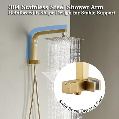Brushed Gold Shower System with 10Inch Rain Shower Heads with Handheld Spray Combo, Gold Shower Faucet Set with Rain Shower and Handheld, Gold Shower Head and Handle Set(Shower Valve Kit Included) - color: Brushed Gold