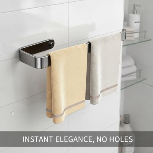 Towel Bar, 13.8-Inch Adhesive Metal Bathroom Rack with No-Drill Mount for Smooth Walls, Hole-Free Installation (1 Piece) - color: Black