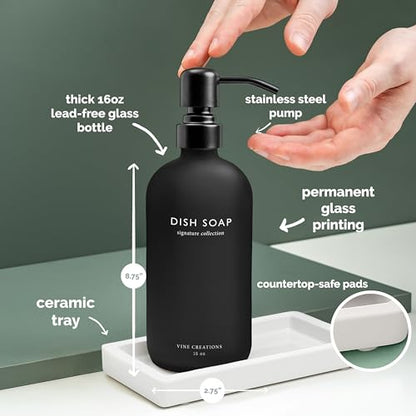 Vine Creations Glass Soap Dispenser Set, Kitchen Soap Dispenser Set with Ceramic Tray, 16 oz Dish Soap and Hand Soap Dispensers with Stainless Steel Pump Decor (White and Black Bottles/Matte Black) - color: Black and White Bottle / Matte Black Pump