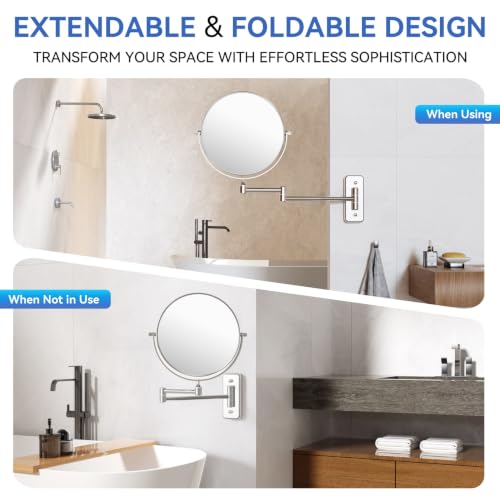 Auxmir 8" Double-Sided Wall-Mounted Makeup Mirror, 1X/30X Magnifying Mirror | stainless steel, 13-inch extendable swivel arm, 360°shaving rotation, bathroom makeup mirror, tweezers, Chrome - color: Chrome-1x/30x