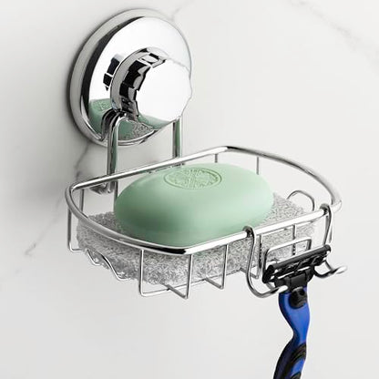 HASKO Suction Cup Soap Dish for Shower Wall, Rustproof Stainless Steel Shower Soap Holder for Bathroom with Hooks and Soap Saver, Includes Optional No Drill Adhesive Mount, Silver - color: Silver