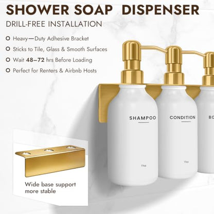 Shampoo and Conditioner Dispenser Set with Soap Dish & Towel Hook, Gold