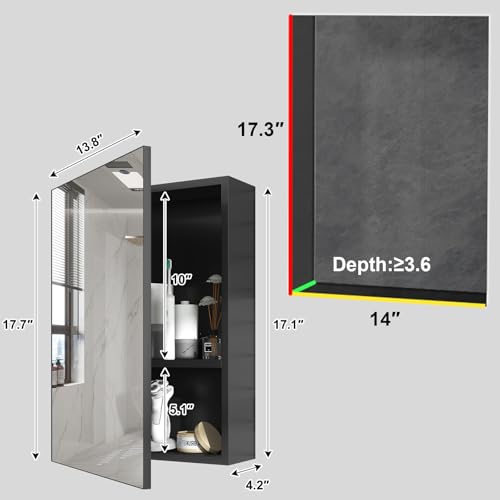 18x14 Inch Bathroom Medicine Cabinet with Mirror, Pre-Assembled Bathroom Medicine Cabinets, Surface/Recessed Wall Mounted Farmhouse Large Medicine Cabinet, Black - color: Black, size: 14 x 18