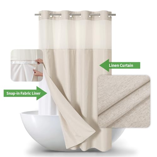 eachope Stall No Hooks Needed Linen Textured Shower Curtain with Snap-in Fabric Liner Set,Hotel Luxury Decor Shower Curtains for Bathroom,Waterproof & Washable,54Wx80H,Cream | 230GSM Thick Fabric,Hotel Luxury Decor,Mesh Top Window,Waterproof & Machine Was