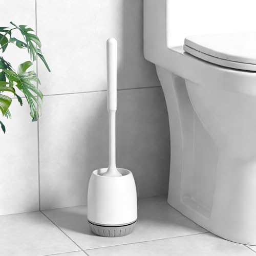Toilet Brush, 2 Pack Toilet Bowl Brush and Holder Set Ergonomic Long Handle Toilet Scrubber with Ventilated Base for Quick Drying, for Bathroom Cleaning, White & Gray