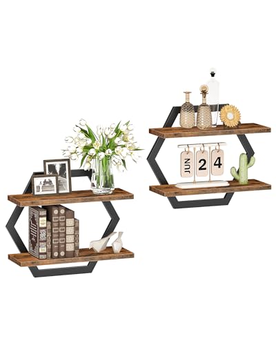 Hexagon Floating Shelves for Wall, Set of 2, 2 -Tier Hanging Shelves, Wall Mounted Storage Shelves, for Living Room, Bedroom, Kitchen, Home Office, Study, Rustic Brown and Black TBJ06P2BF - color: Rustic Brown + Black
