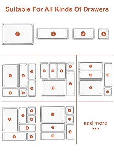 SMARTAKE 29 PCS Drawer Organizer, 4-Size Desk Bathroom Drawer Organizer | 4-Size Storage Tray with Non-Slip Silicone Pads for Makeup, Jewelries, Utensils in Bedroom Dresser, Office and Kitchen Clear - size: X Large