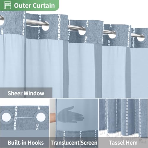 eachope No Hook Stall Shower Curtain with Snap-in Fabric Liner - 54x80 Heavy-Duty Linen Textured Striped Design,Narrow Rustic Modern Farmhouse Bohemian Bathroom Curtain,Water-Repellent,Blue | 230GSM Thick Fabric,Hotel Luxury Decor,Mesh Top Window,Waterpro