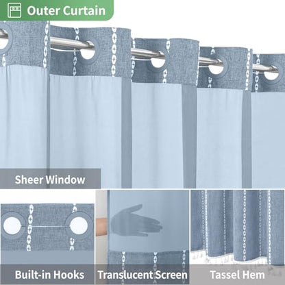 eachope No Hook Stall Shower Curtain with Snap-in Fabric Liner - 54x80 Heavy-Duty Linen Textured Striped Design,Narrow Rustic Modern Farmhouse Bohemian Bathroom Curtain,Water-Repellent,Blue | 230GSM Thick Fabric,Hotel Luxury Decor,Mesh Top Window,Waterpro