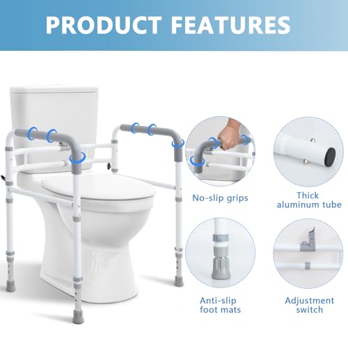 Toilet Safety Rail for Seniors, Height & Width Adjustable Frame | 350 Lbs Capacity, Foldable Bathroom Toilet Handles for Elderly, Toilet Grab Bars for Handicap & Disabled, Fits Most Toilets