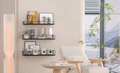 Floating Shelves Set of 3, Wood Wall Shelf, Farmhouse Shelf for Bedroom | Wall Mounted Floating Shelf for Living Room, Bedroom, Bathroom, Kitchen, Office - color: Black 2