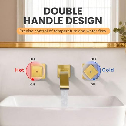 ALEASHA Wall Mounted Bathroom Sink Faucet, Brushed Gold Bathroom Faucet | Waterfall Bathroom Sink Faucet with Two Handles, Controllable Heat and Cold, Solid Brass Wall-Mount Washroom Faucets - color: Brushed Gold
