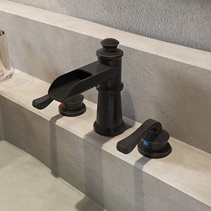 BWE Oil Rubbed Bronze Widespread Waterfall Bathroom Faucet, 3-Hole, Brass | Waterfall Spout, Dual Handle, 3-Hole 8-16 Inch Adjustable Widespread, Ceramic Cartridge, Pop-Up Drain Included, DIY Install - color: Oil Rubbed Bronze